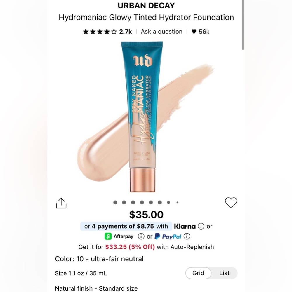 Urban Decay Hydromaniac Tinted Glow Hydrator Foundation 10